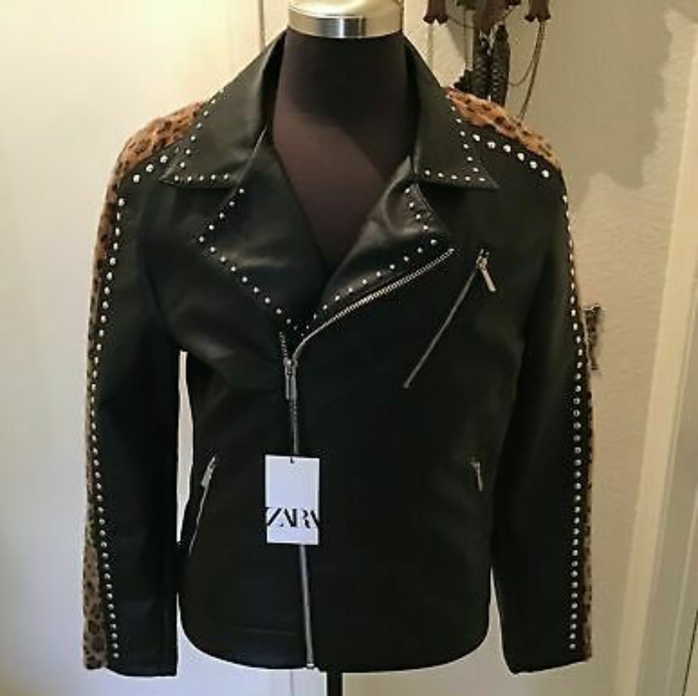 Black faux leather leopard jacket